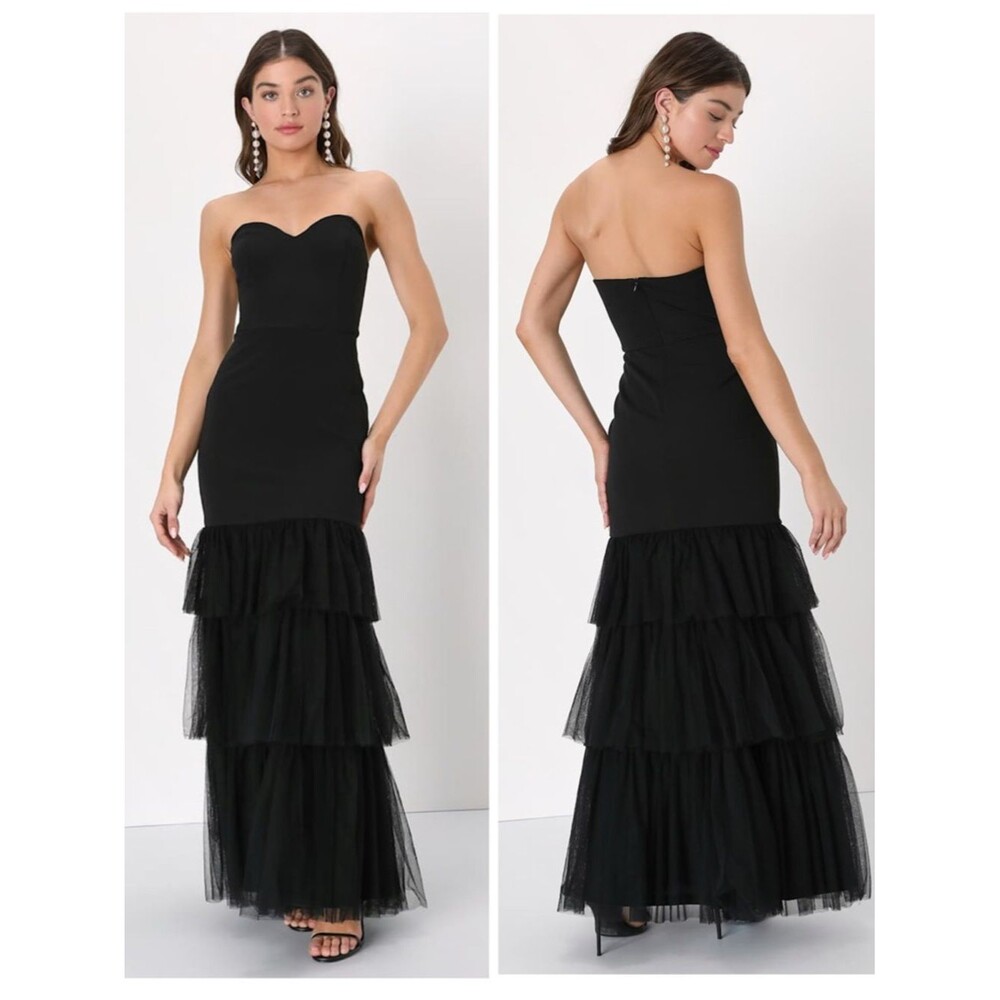 Lulus Dramatic Fanatic Black Strapless Tulle Trumpet Maxi Dress Size Small NWT